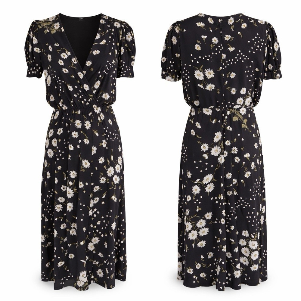 Madewell Faux-Wrap Midi Dress Sz 0 Ecovero Black Dark Floral Cottagecore Modest